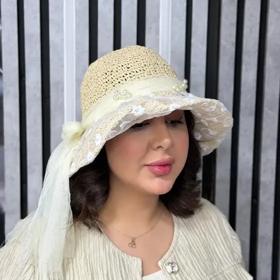 کلاه ساحلی رافیا طرح تور گلدوزی گل بابونه